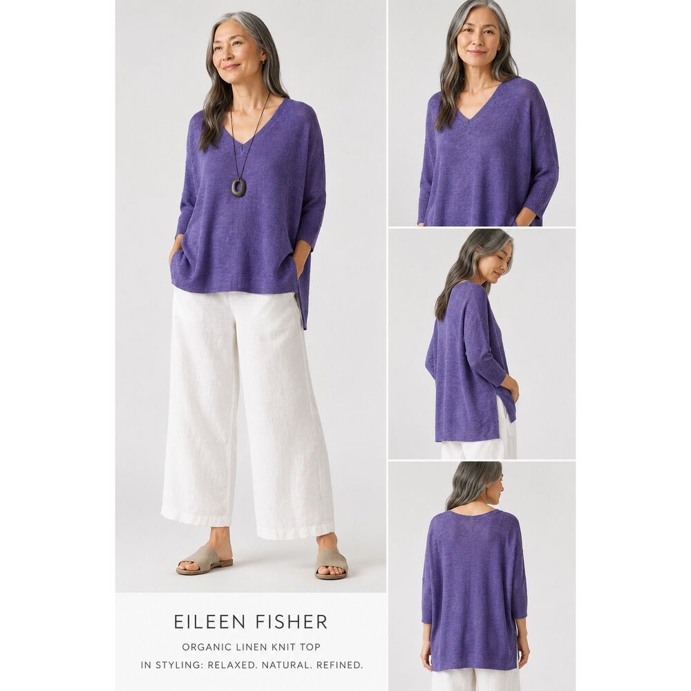 Eileen Fisher Organic Linen Knit Tunic Top V-Neck Lightweight Sweater Purple Sm